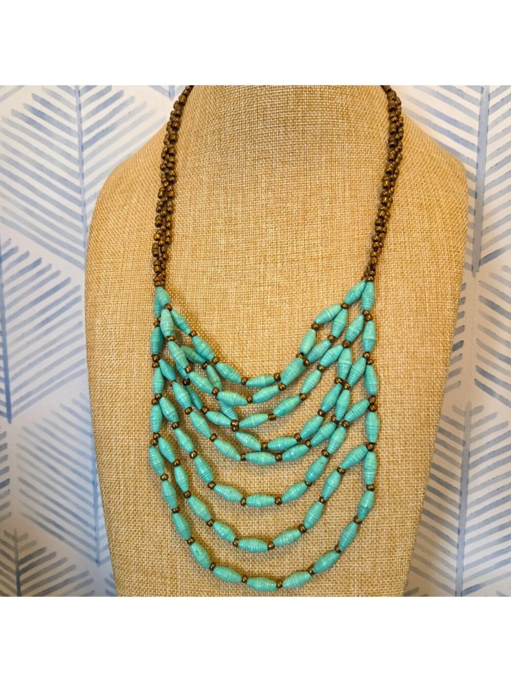 Noonday Collection Necklace w Handmade Turquoise Blue & Gold Beads